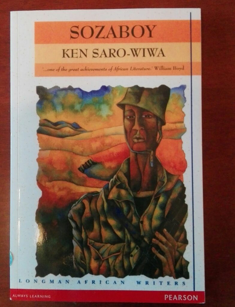 Omslaget til boka Sozaboy av Ken Saro-Wiwa. Omslaget viser et maleri av en soldat.