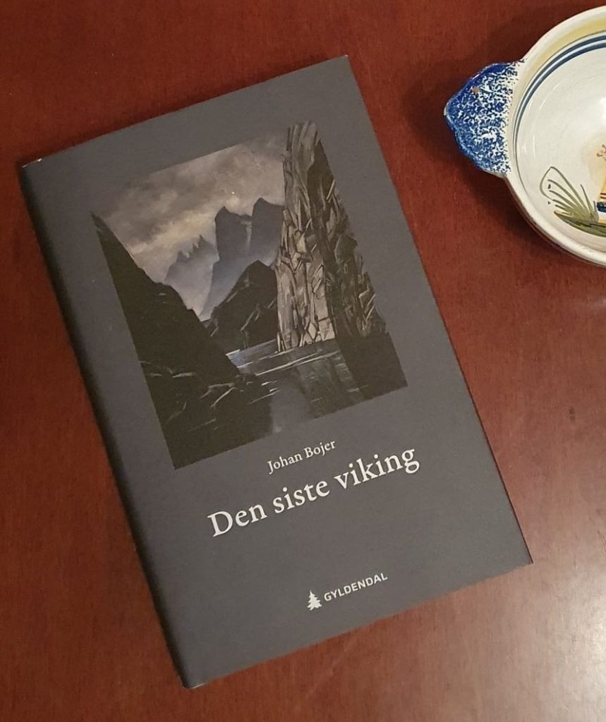 Omslaget til boka Den siste viking av Johan Bojer. Illustrasjonen på forsiden viser et dramatisk landskap med fjell og hav.